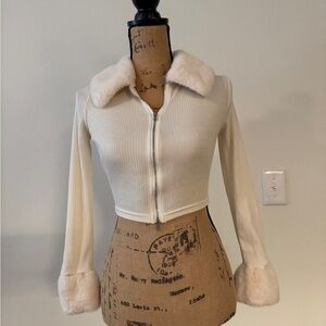 Women's Cream Cropped Jacket with Faux Fur Trim